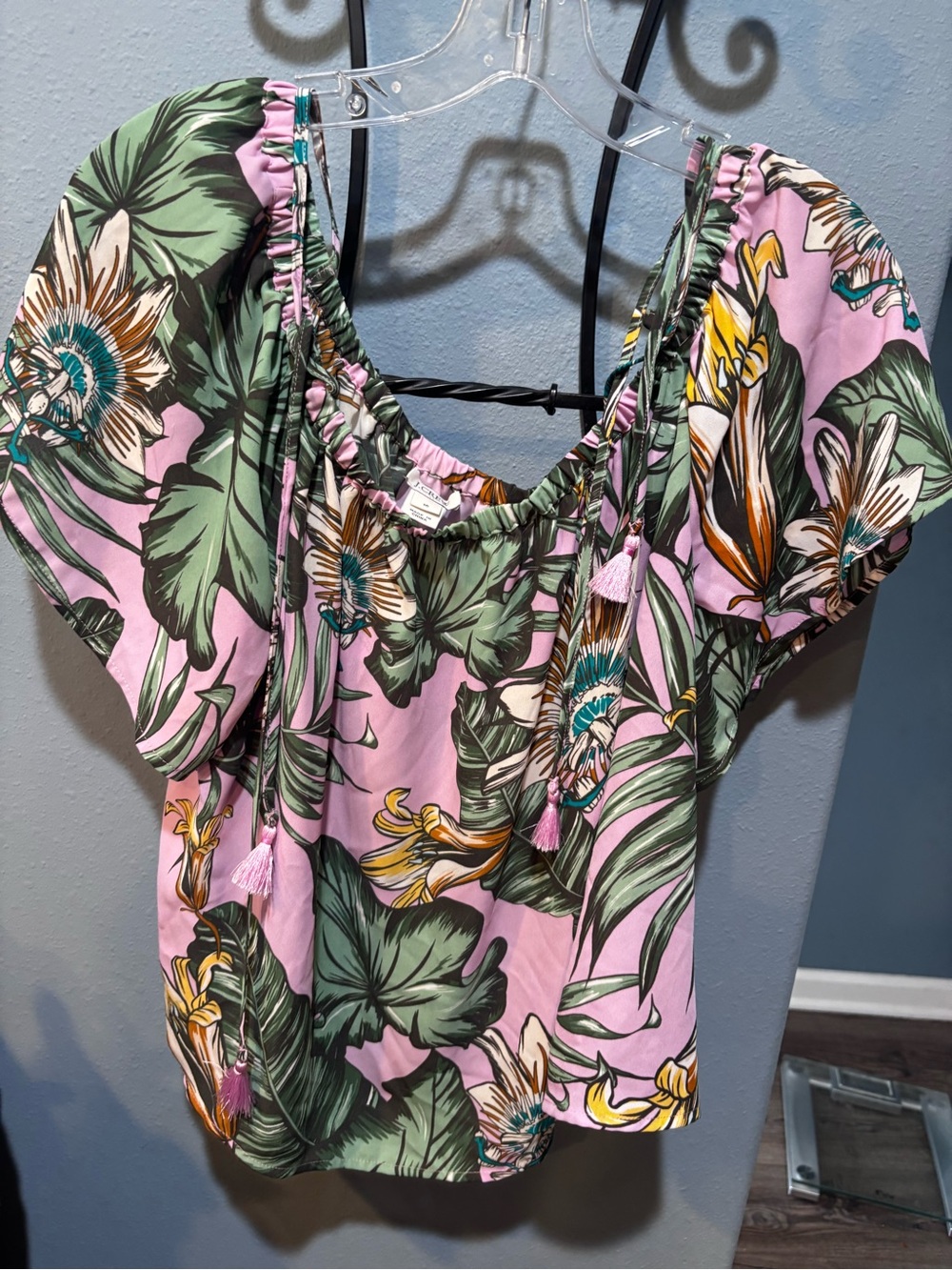 J. Crew Pink/ Green Tropical Floral Off-Shoulder Top